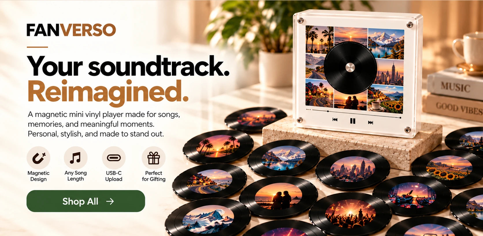 Fanverso mini vinyl music player with collectible mini discs and a cappuccino-colored music collection
